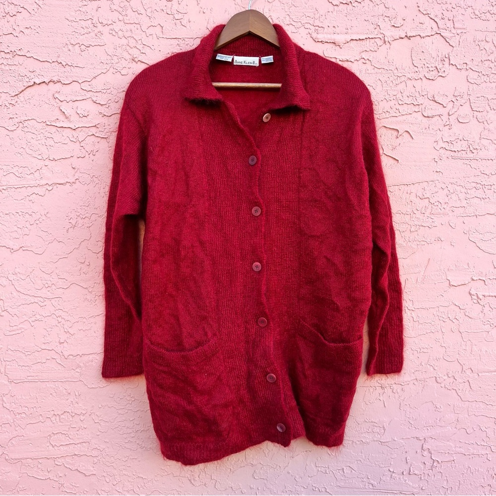 Vintage Anne Klein II Sweater Jacket Cardigan Oversized Scarlett Red Mohair Flaw